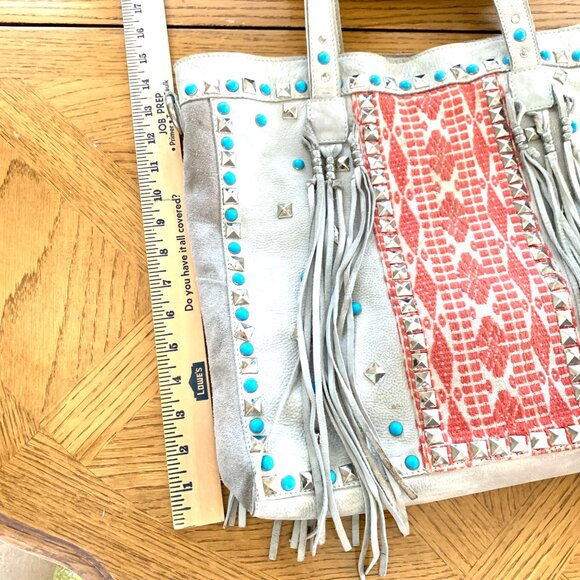 Free People Boho Leather & Suede Studded Tassel Tote – Turquoise & Rust Embroide - Picture 5 of 10